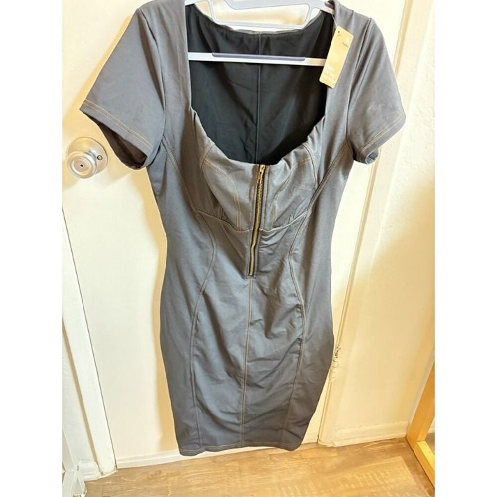 Popilush Built-In Shapewear Faux Denim Zip-Front Short Sleeve Dress Washed Grey